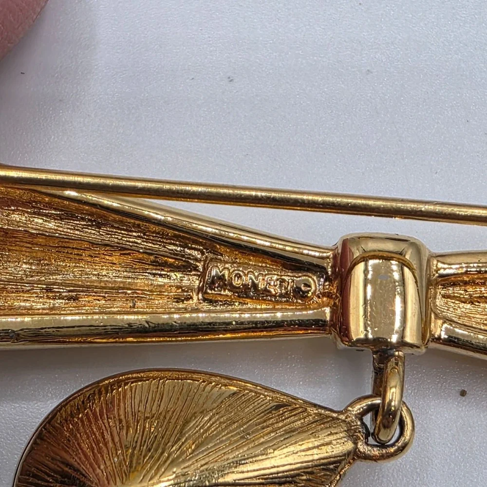 Monet‎ Gold Tone Bow Brooch with Teardrop Crystal Dangle Pin Vintage Signed